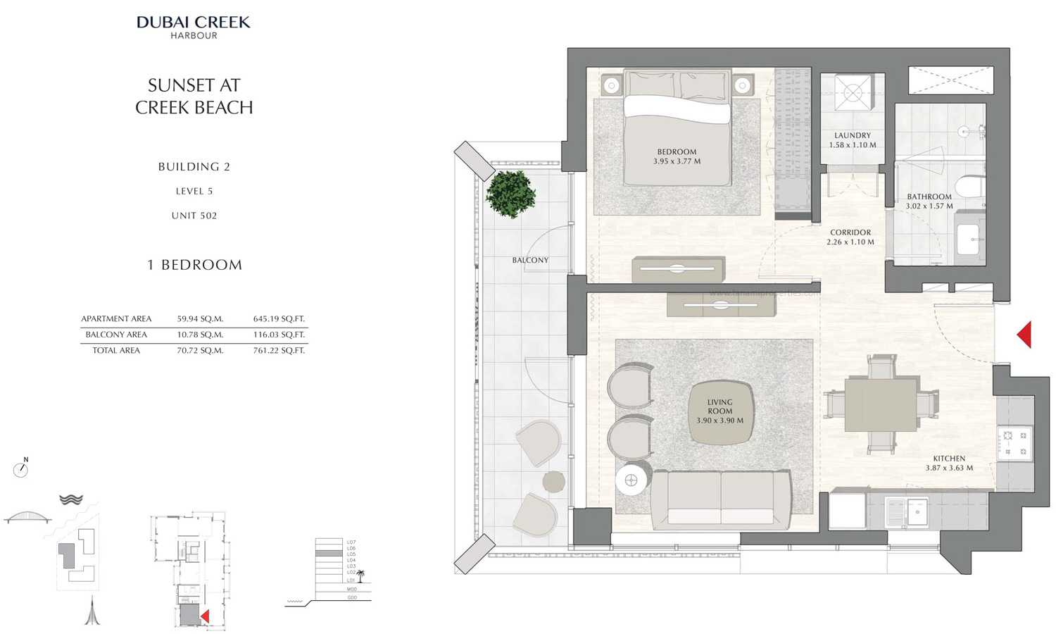Building 2 - 1 Bedroom Level 5 Unit 501, Size 761.22 sq ft